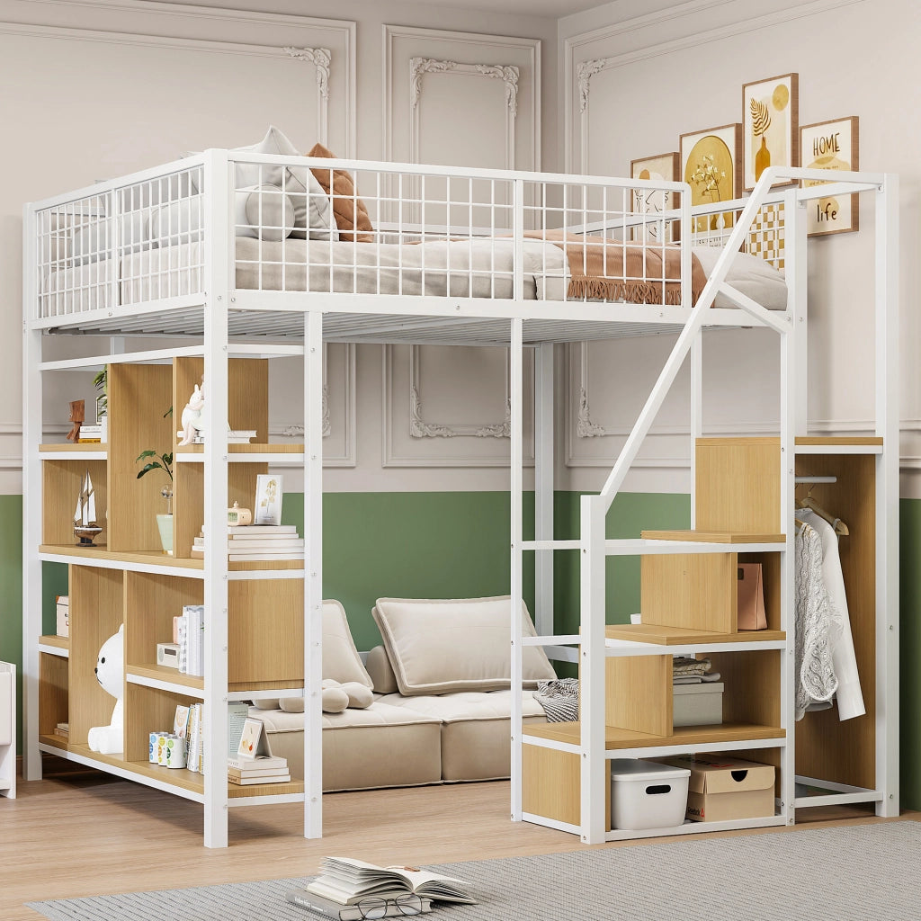 Letto a Soppalco 140×200 cm; Letto Matrimoniale con Scala Contenitore; Ripiani e Spazio Sotto; senza Materasso