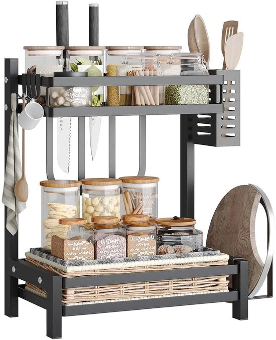 Rack per spezie 2 piani in acciaio inossidabile con contenitore per stuzzichi e holder per posate - pannello multifunzionale per appendere utensili 34x21x41cm nero matte