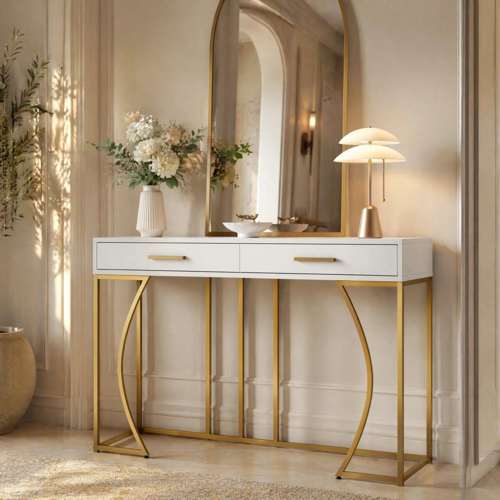 TAVOLO CONSOLLE con cassetto 110x32x85 cm MDF bianco e struttura in metallo