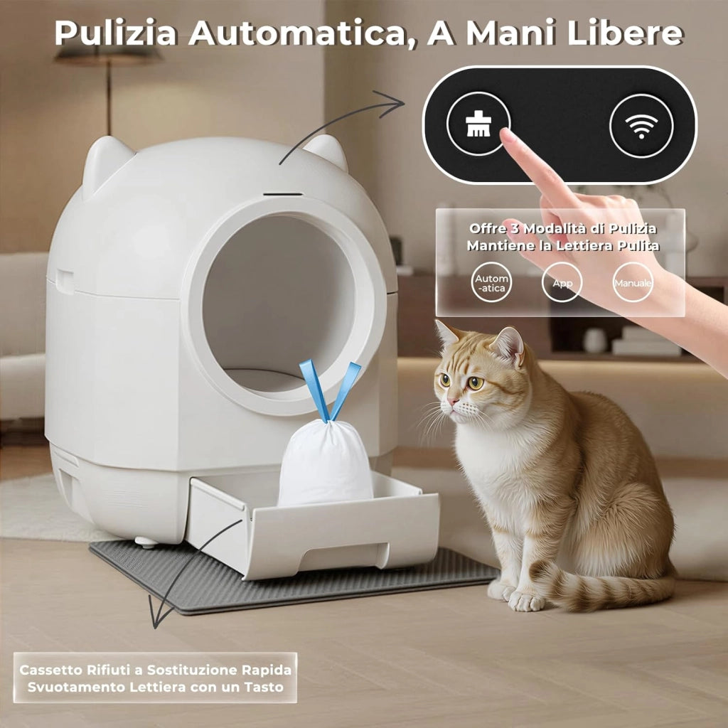 Lettiera Gatto Autopulente, Lettiera Autopulente Per Gatti XXL 90L, Doppio Sistema Anti-Odori E Protezioni Sicurezza Multiple, Controllo A Distanza Via APP, Ideale Per Famiglie Con Più Gatti