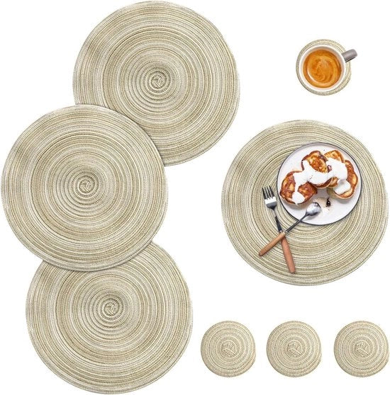 Set di 4 placemati e costolli in cotone lavabile a forma rotonda - Adatto per decorazioni di tavola da cucina - Beige
