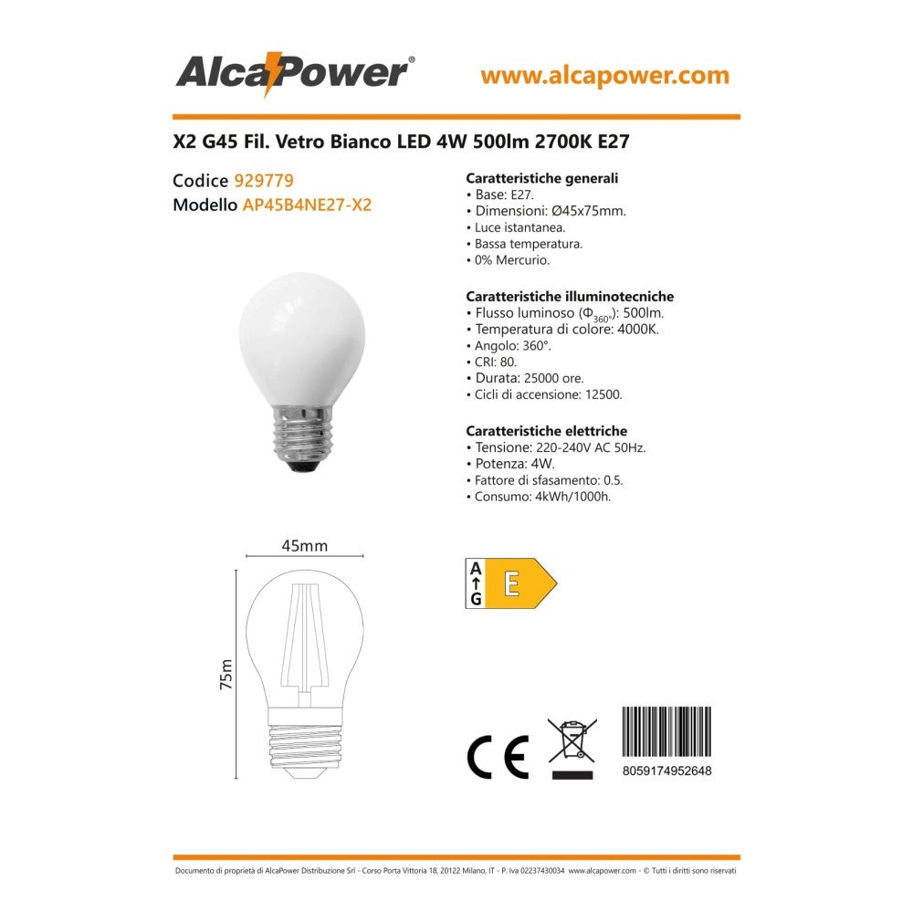 Alca power g45 4w 220v 500lm 4000k e27 lampada classica a led vetro bianco box da 2pz