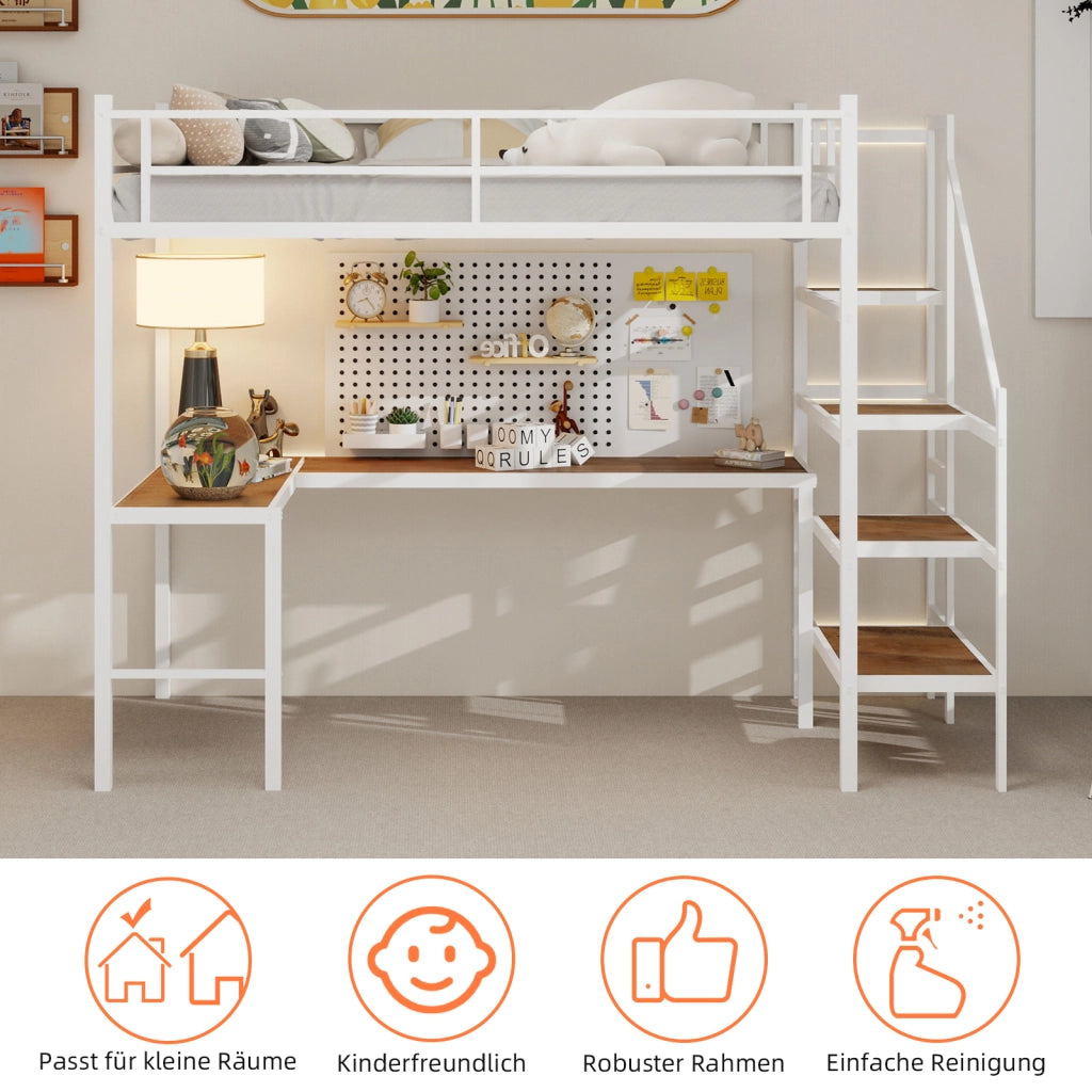 Letto a castello bianco con scrivania ad L funzione contenitore in ferro 90x190 cm