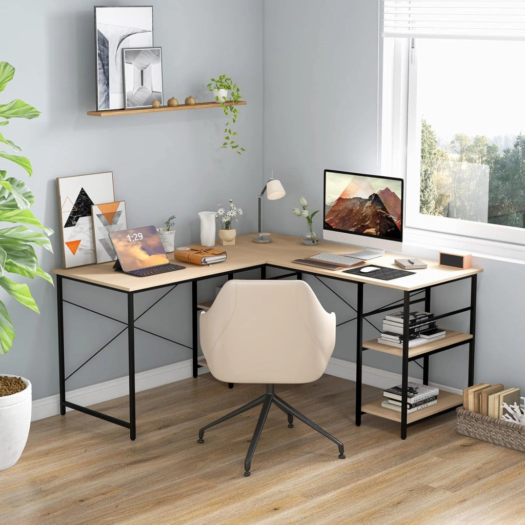Scrivania Angolare per Computer con Supporto per Monitor, Scrivania Porta PC in Legno, Scrivania Salvaspazio e Moderna per Ufficio e Studio, 242 x 60 x 75 cm (Naturale)