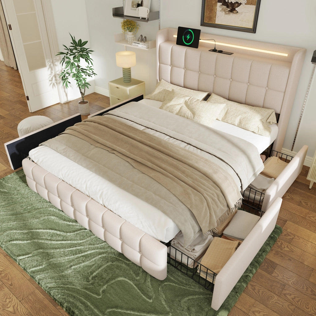 Letto matrimoniale imbottito 180x200 cm con USB; LED e 4 cassetti; beige