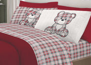 Completo Lenzuola Flanella Pensieri Delicati 100% Cotone Disegno Orsetto Tartan - Matrimoniale - Rosso