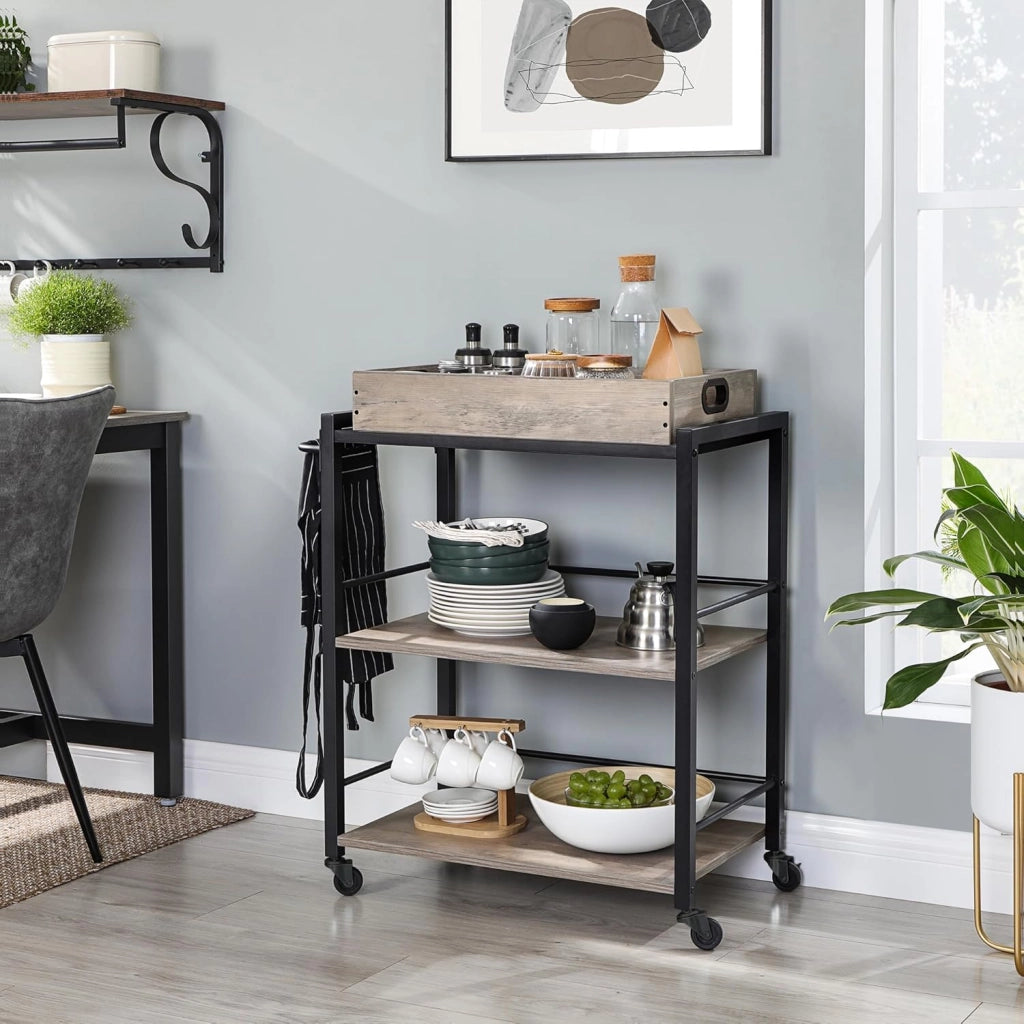 VASAGLE Carrello da Cucina con Vassoio Rimovibile, Carrello Portavivande Fisso o con Ruote, Struttura in Acciaio, Scaffale Cucina 40 x 72 x 86 cm, Greige e Nero Inchiostro LRC072B02