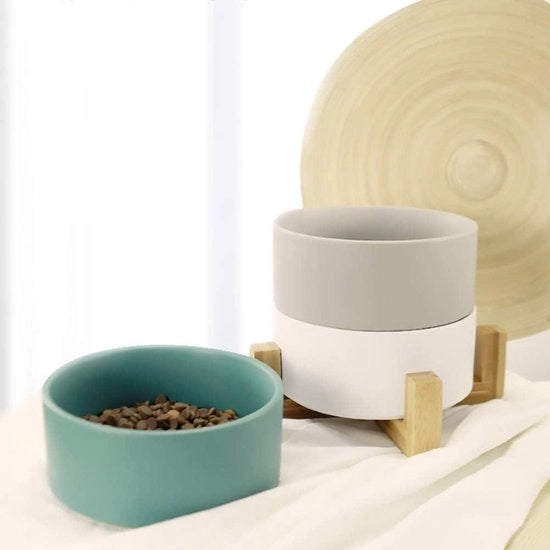 Piatto Ceramico Grigio con Sostegno in Legno - Nutrimento e Acqua Senza Spillo per Gatti e Piccoli Cani