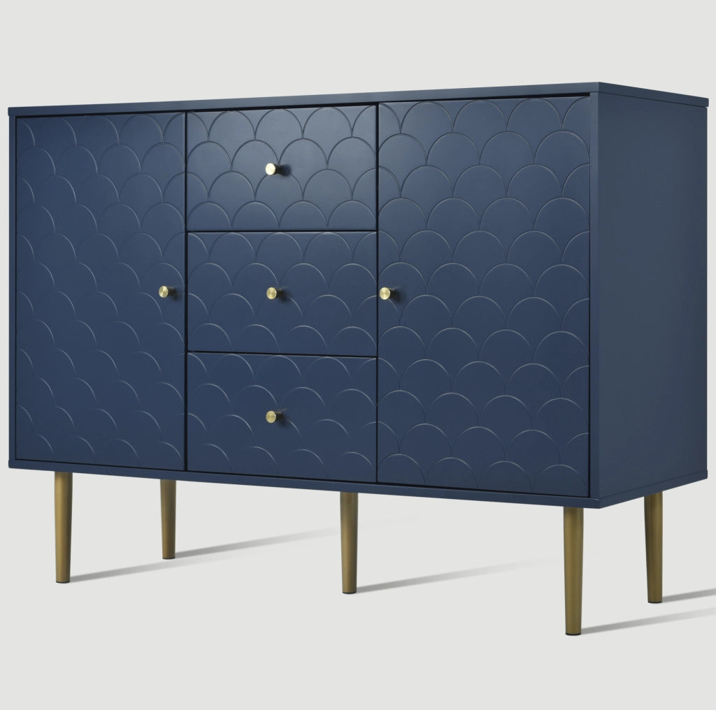 Credenza 120x40x83 cm con 2 ante; 3 cassetti e ripiano regolabile in legno e metallo blu navy