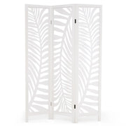 Paravento pieghevole a tre ante 121 x 170 cm con elegante motivo a foglie in legno di paulonia bianco 20_0013030