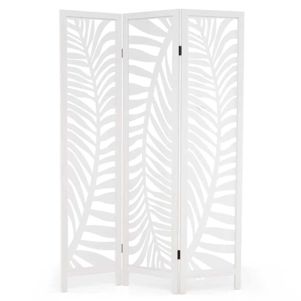 Paravento pieghevole a tre ante 121 x 170 cm con elegante motivo a foglie in legno di paulonia bianco 20_0013030