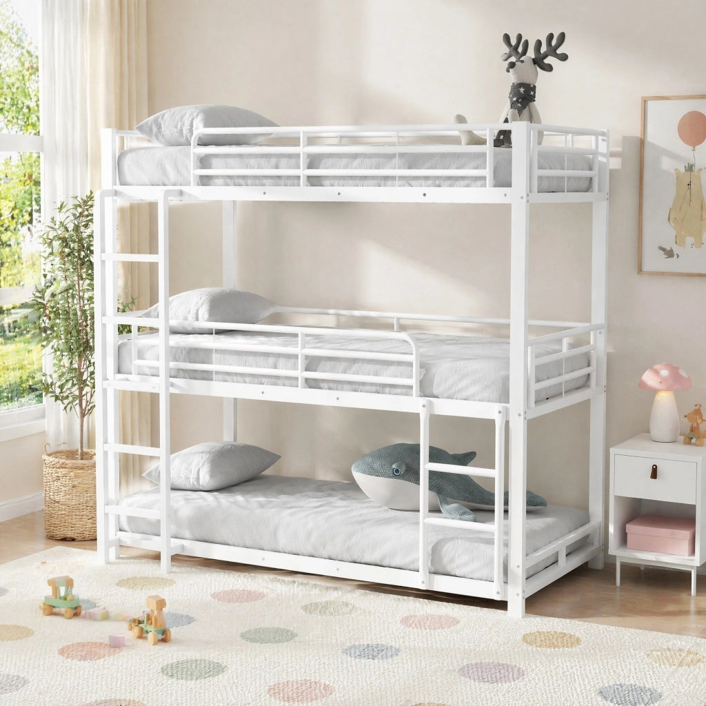 Letto a castello triplo in metallo 90x200 cm bianco, struttura in acciaio, 3 posti