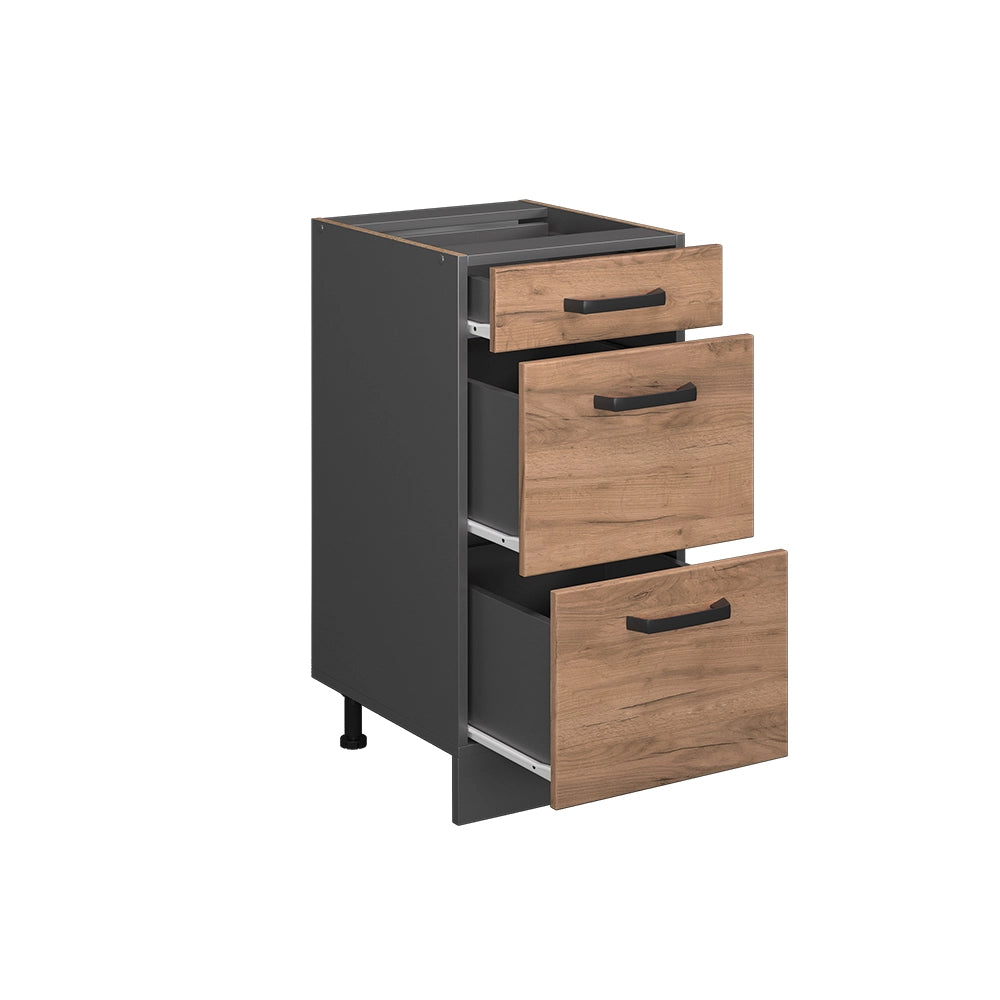 Mobiletto base per cucina R-Line Rovere dorato/Antracite 40 cm con cassetti, senza piano di lavoro Vicco