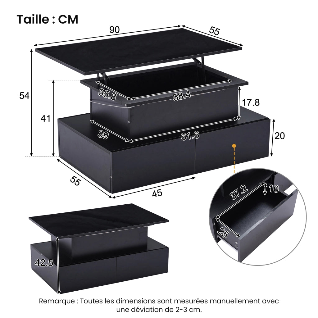 Tavolino da caffè alzabile con 4 Cassetti e LED; piano scorrevole; per soggiorno; in truciolato; 90 × 55 × 41 cm; Nero