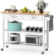 Carrello da Cucina con Ruote Multiuso, Mobile Cucina Salvaspazio in Legno, con 2 Cassetti e 2 Ripiani Aperti, Credenza per Sala da Pranzo, 116 x 43 x 89 cm (Bianco)