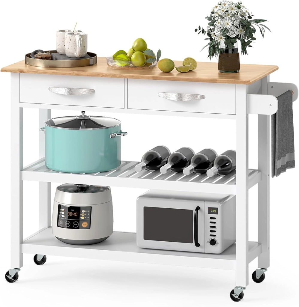 Carrello da Cucina con Ruote Multiuso, Mobile Cucina Salvaspazio in Legno, con 2 Cassetti e 2 Ripiani Aperti, Credenza per Sala da Pranzo, 116 x 43 x 89 cm (Bianco)