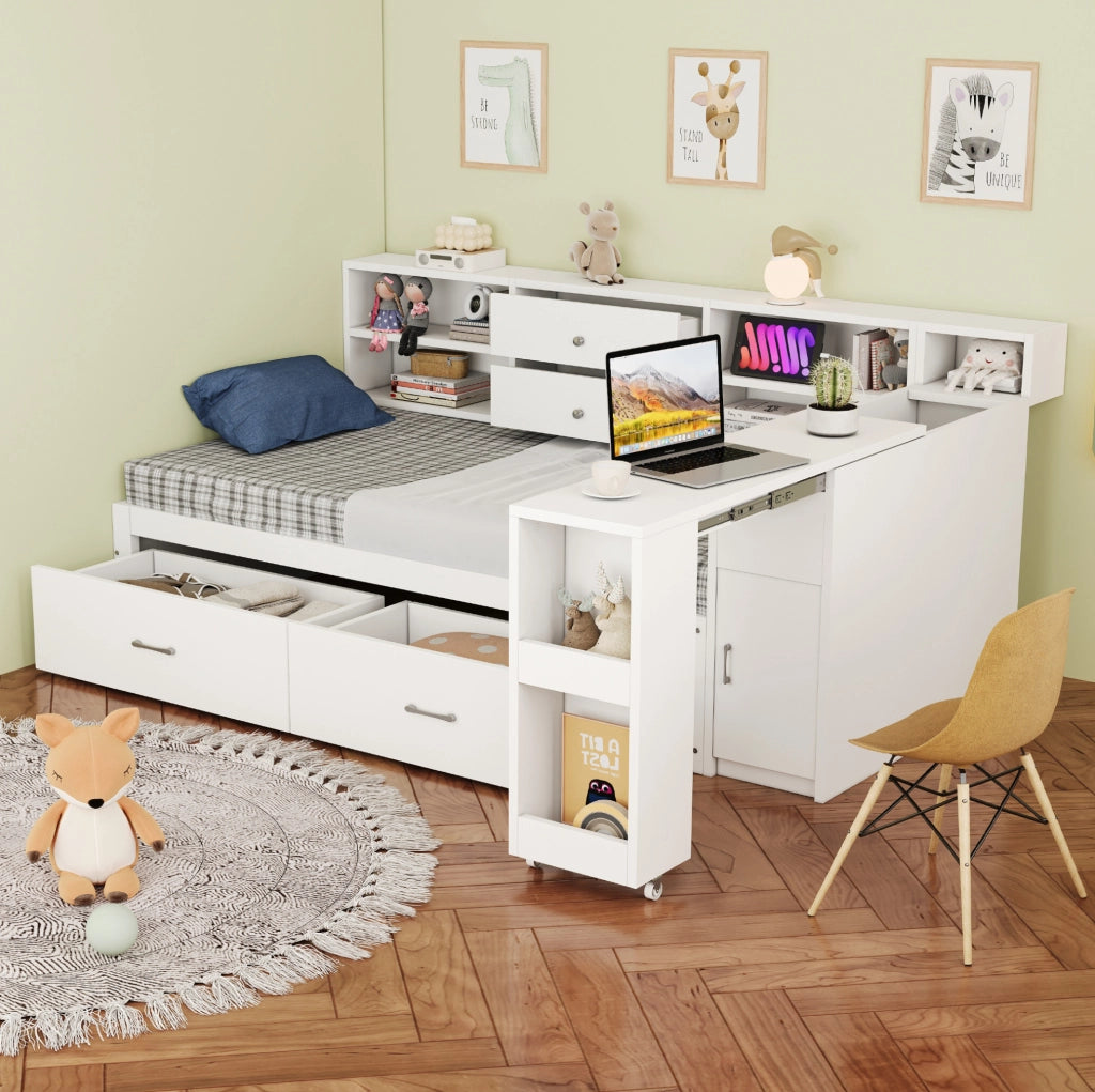 Letto singolo 90x200 cm con scrivania estraibile; cassetti e USB; bianco