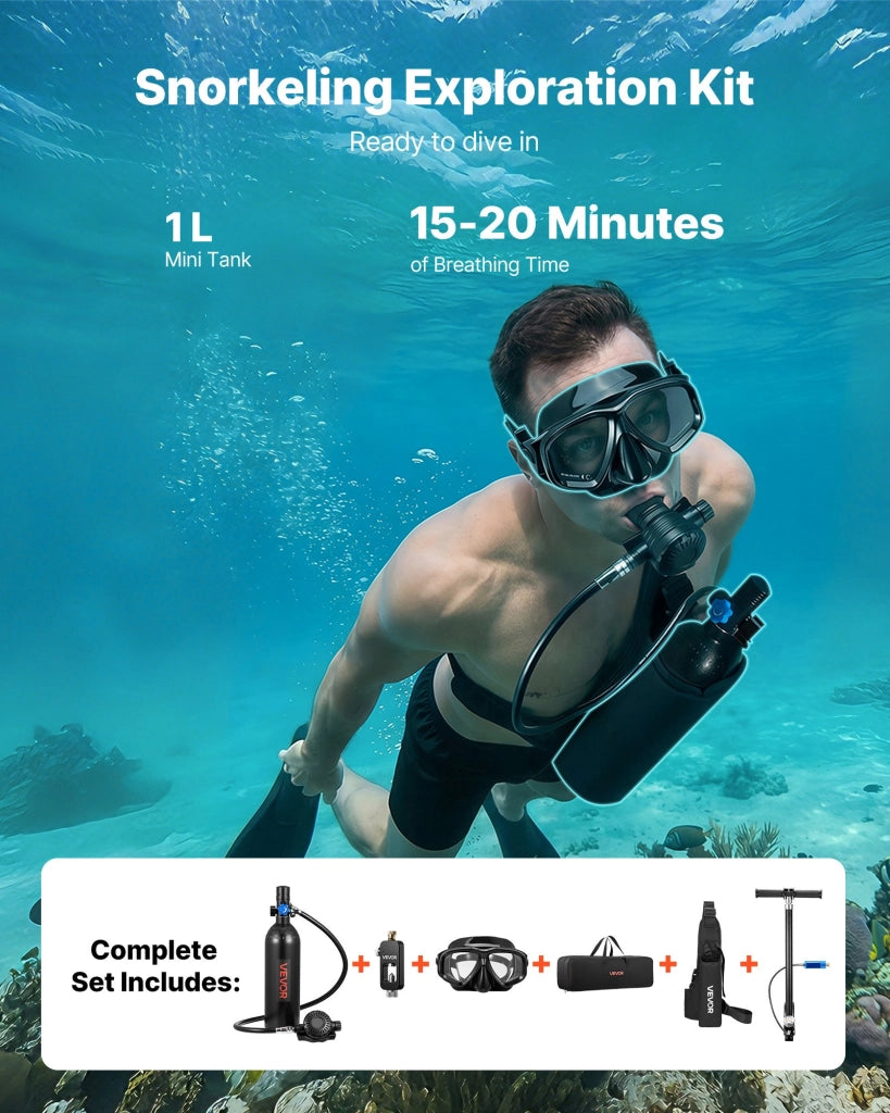 Set Bombola Subacquea Portatile 1 L S400PLUS-EU in Alluminio con Pompa Manuale Maschera e Borsa Mini Scuba Tank Ricaricabile per Immersioni