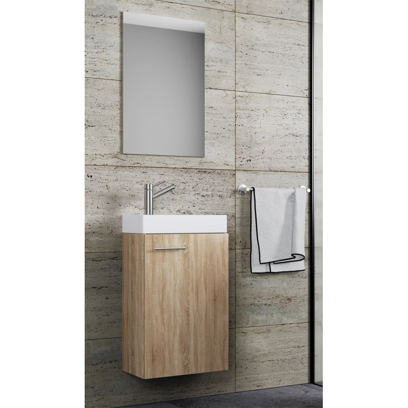 LineaViva Mobile Sospeso con lavabo in ceramica di alta qualità e specchio, Rovere Sonoma , lavabo Bianco