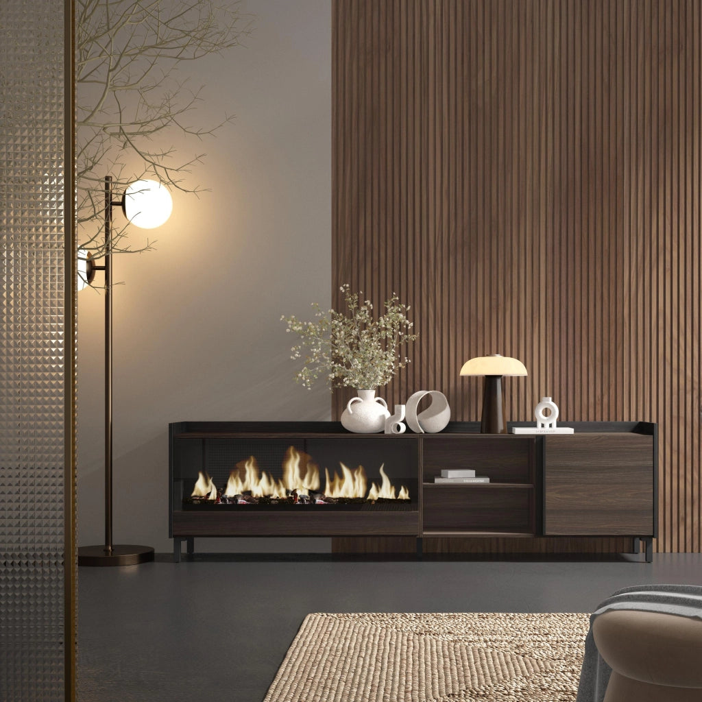 Mobile TV Soggiorno, 212x61x35 cm, Per TV fino a 80", Camino elettrico XXL, Design industriale, Rovere scuro e Nero