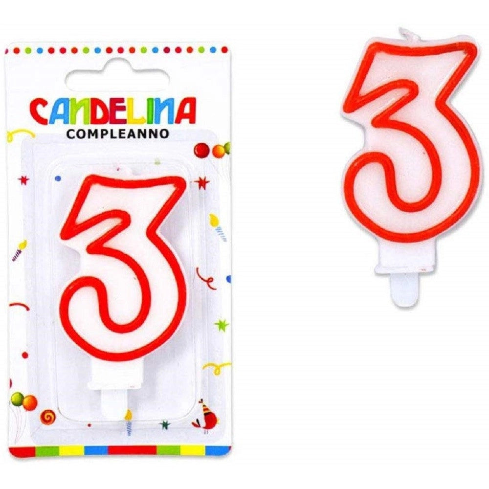 Trade Shop - Candelina Candela Numero 3 Compleanno Bianca Bordo Rosso Candeline Torta Per Festa -