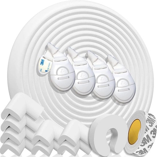 Protezione di bordo per bambini e 8 protezioni angolari di gomma espansa. Protezione di bordo e angolare per tavoli e mobili: 6,4 m complessivi per tavoli e angoli di mobili. Stopper di porta, 4 protezioni di cassetti. Certificato (bianco)