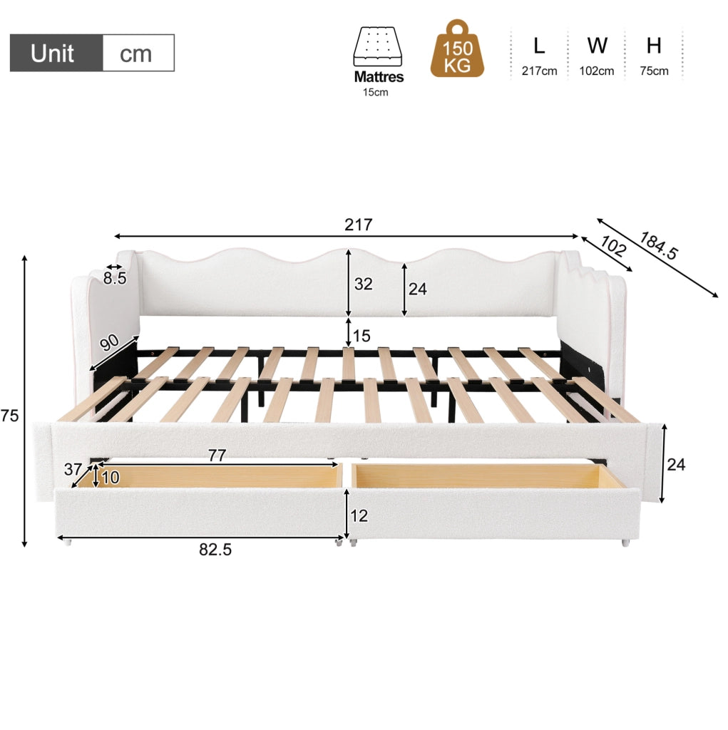 Letto estraibile 90x200 cm con 2 cassetti, USB e USB-C, rivestimento in boucl¨¦ beige