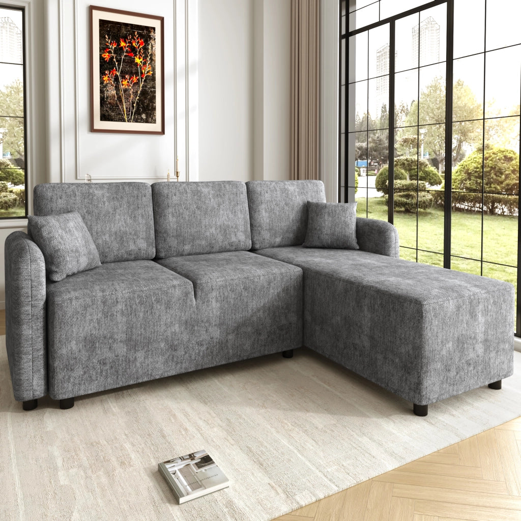 Divano angolare a L a 3 posti con area relax e 2 cuscini in ciniglia con struttura in legno massello grigio
