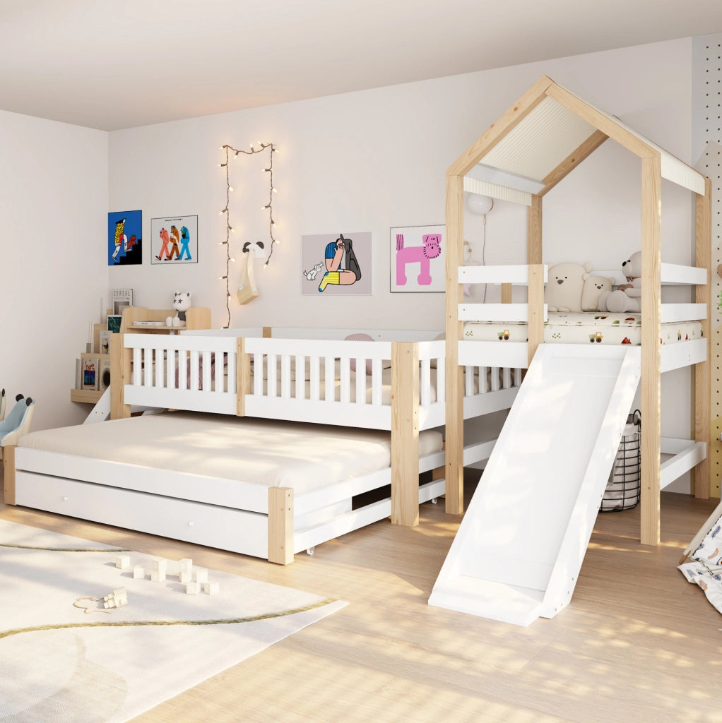 Letto per bambini a casetta con scivolo; letto estraibile 90x200 cm; bianco e naturale