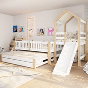Letto per bambini a casetta con scivolo; letto estraibile 90x200 cm; bianco e naturale