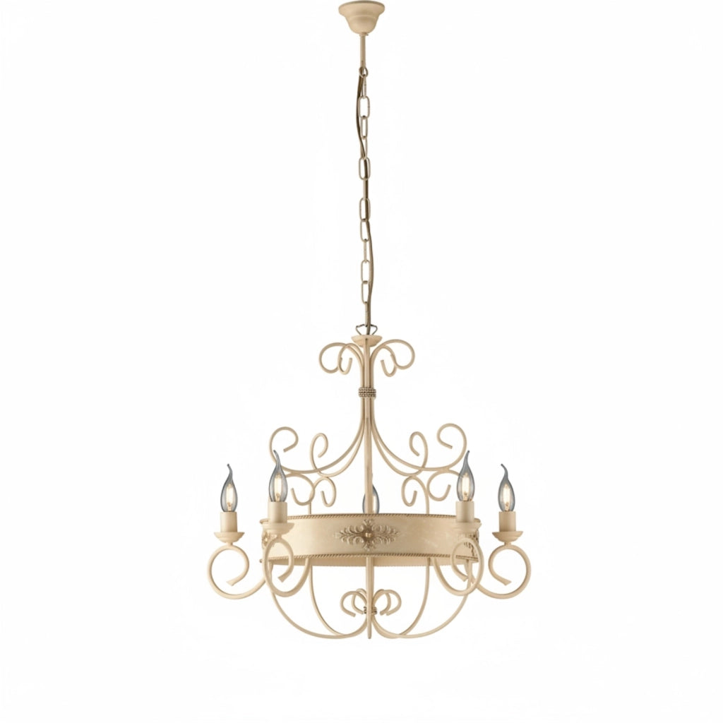 Lampadario Rustico Baltimora Metallo Avorio Oro 5 Luci E14