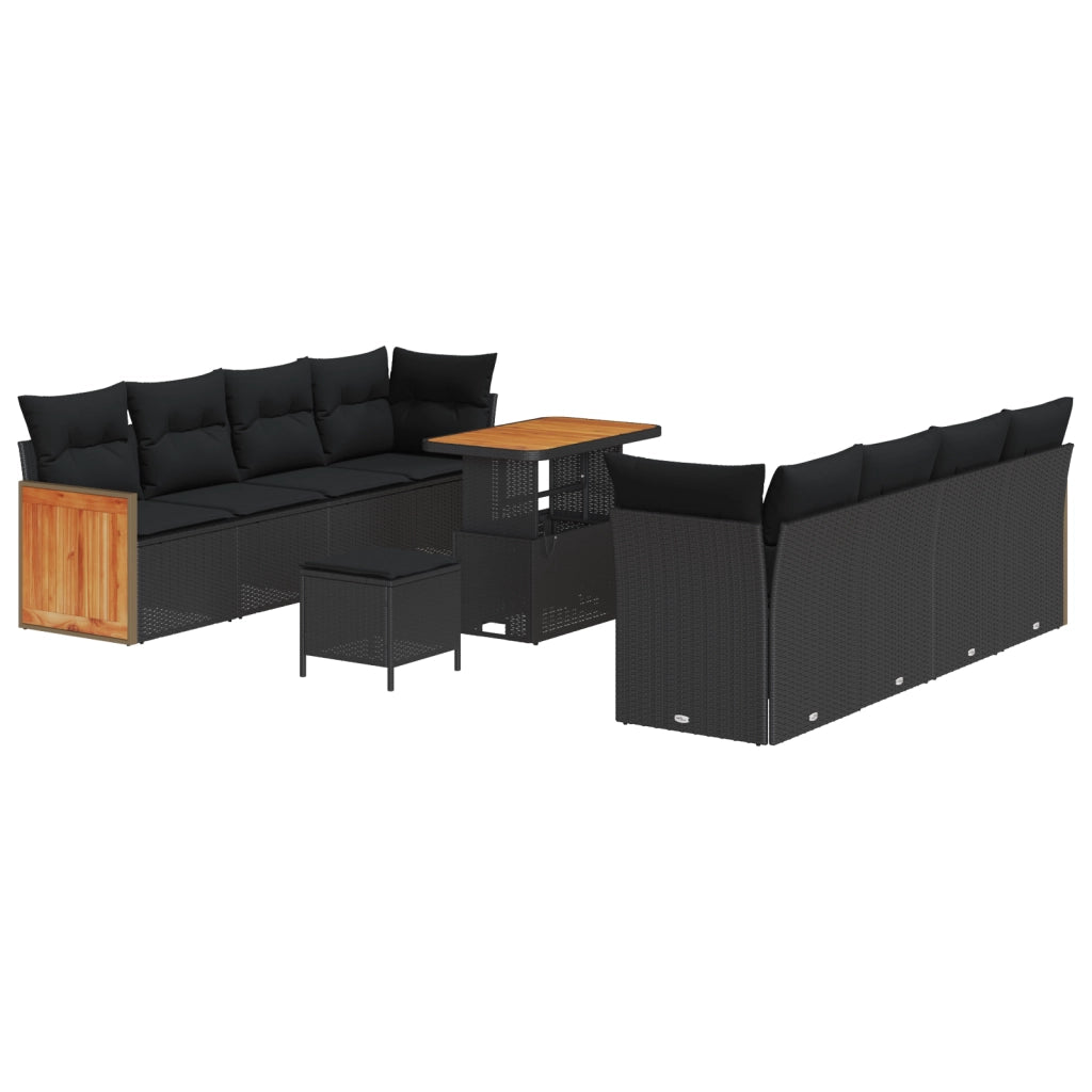 Set da Giardino  11 Pezzi con Cuscini Nero Rattan Poliaccia