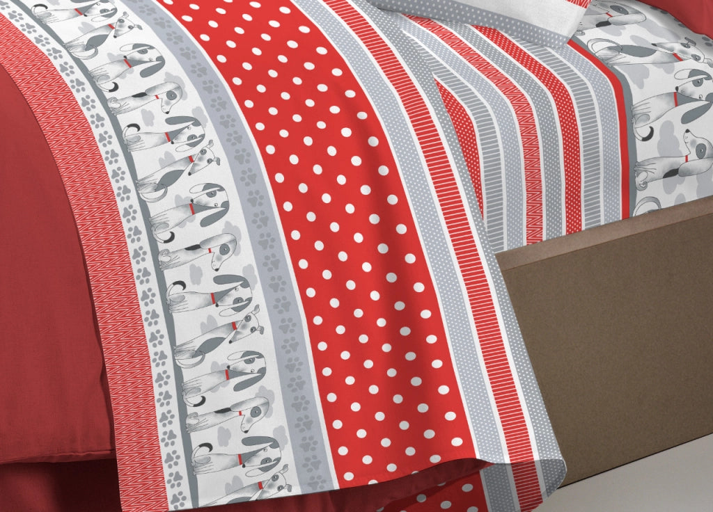 Completo Lenzuola Letto Pensieri Delicati 100% Cotone Dis. Bau Bau - Piazza E Mezza - Rosso