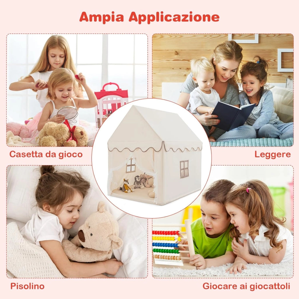 Tenda da Gioco per Bambini, Casetta per Bambini con Struttura in Solido Legno, Tappetino di Cotone, Tenda a Rete e Finestre, 105x120x140 cm (Beige)