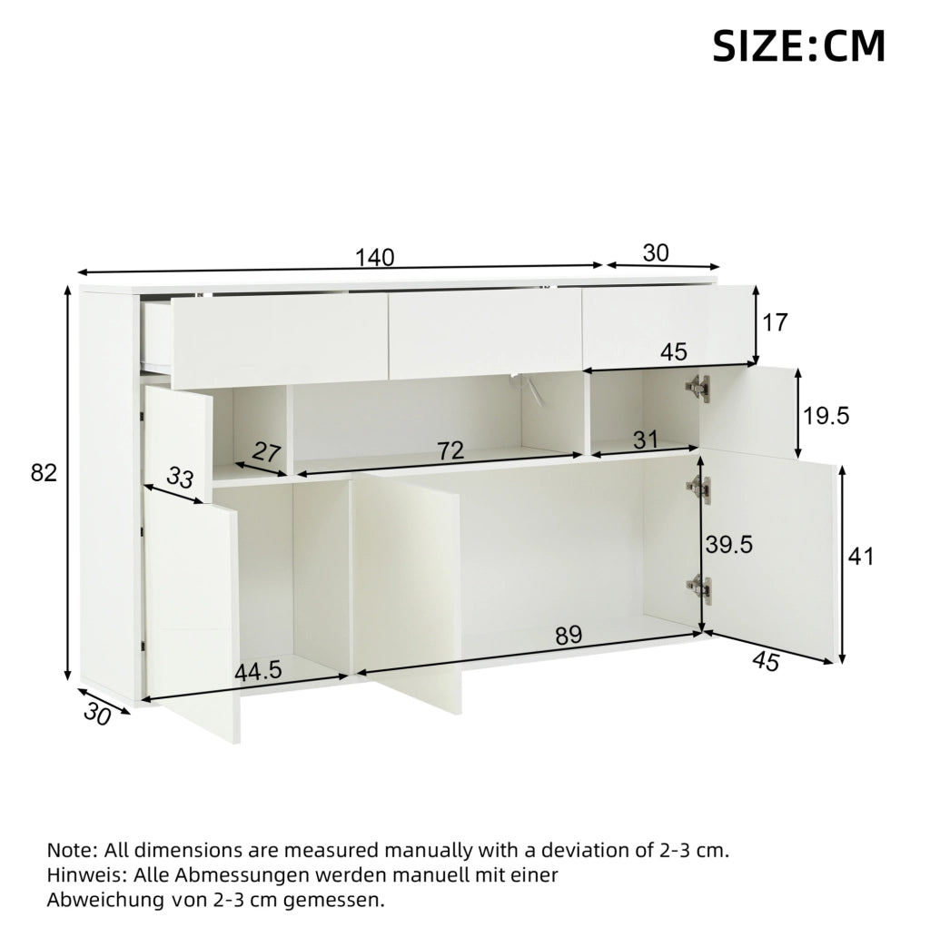 Credenza 140x30x82 cm con 3 cassetti e 5 vani; LED e finitura lucida in MDF bianca