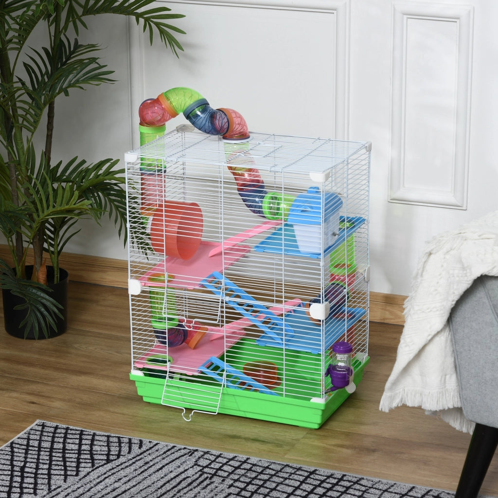 EasyComfort Gabbia per Criceti a 5 Livelli con Tubi, Ruota, Scale, Casetta e Bottiglia, Gabbietta per Roditori in Metallo, PP e PS, 46x30x58 cm, Verde