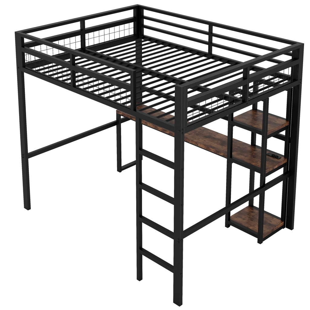 Letto a soppalco 140×200 cm con scrivania; ripiani; USB e Type-C; scala; barriera; senza materasso; metallo; nero