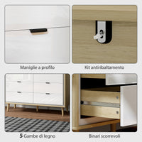 Cassettiera con 6 Cassetti 110x40x75 cm in Legno Bianco Lucido e Rovere