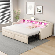 Divano letto imbottito estraibile 90/180x200 cm con contenitore; LED e porta USB; doghe incluse; beige