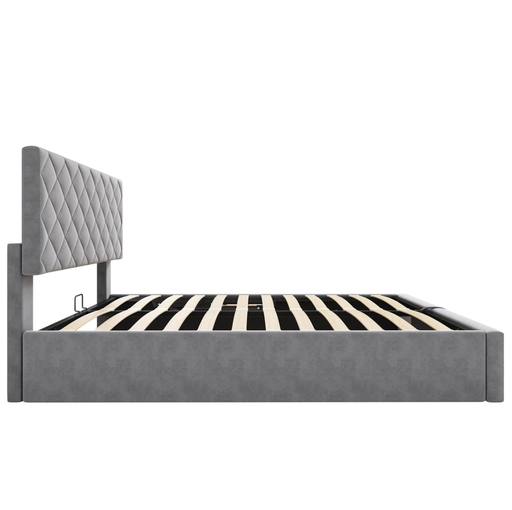 Letto 140x200 cm con alzata idraulica; rete a doghe e contenitore in velluto grigio