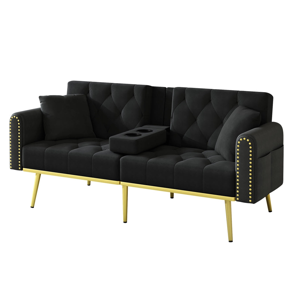 Divano letto 2 posti 175x80x73.5 cm con schienale regolabile e portabicchieri in velluto nero
