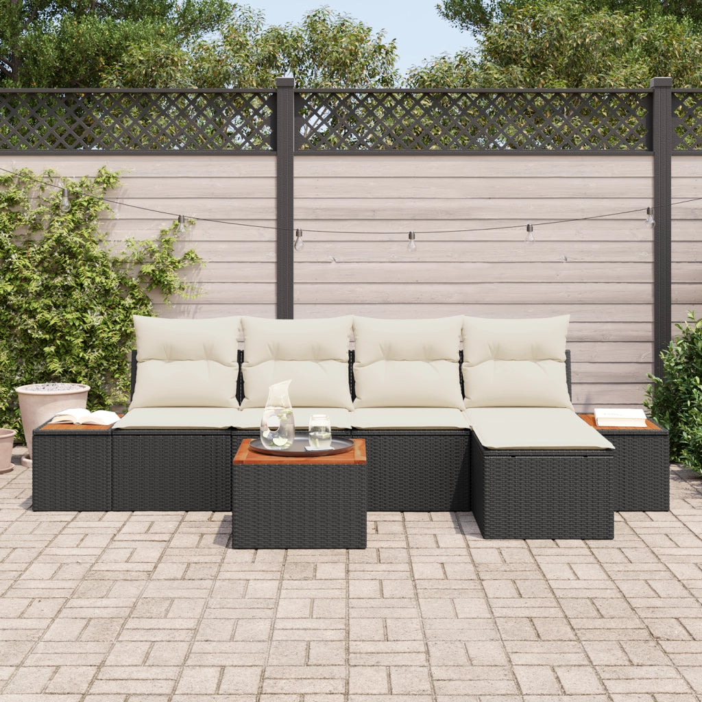 Set di divani da giardino da 6 pezzi con cuscini Nero Polyrattan Acacia