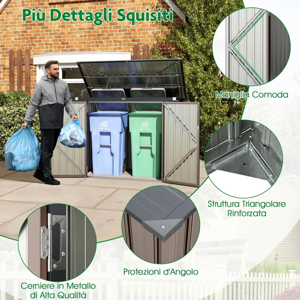 Casetta per Spazzatura Esterna, Capanno da Giardino Bloccabile con Doppie Aperture, 2 Porte e Struttura in Metallo Zincato, Ripostiglio per Patio e Cortile (Grigio Caldo)
