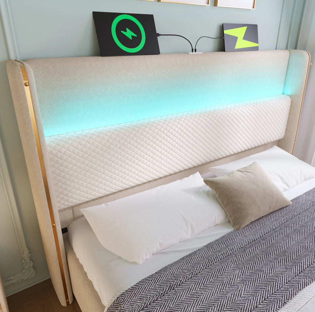 Letto matrimoniale idraulico con testiera alta, LED, USB/Type-C e contenitore