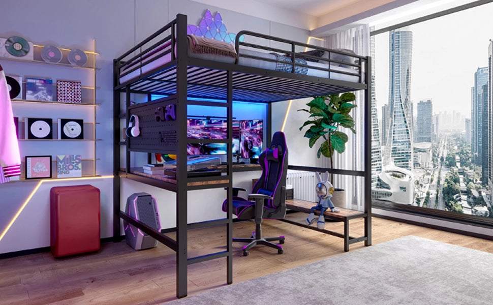 DESMIU Letto a soppalco 140 × 200 cm 2 posti con scrivania, ripiani, USB e Type-C, LED, senza materasso, nero