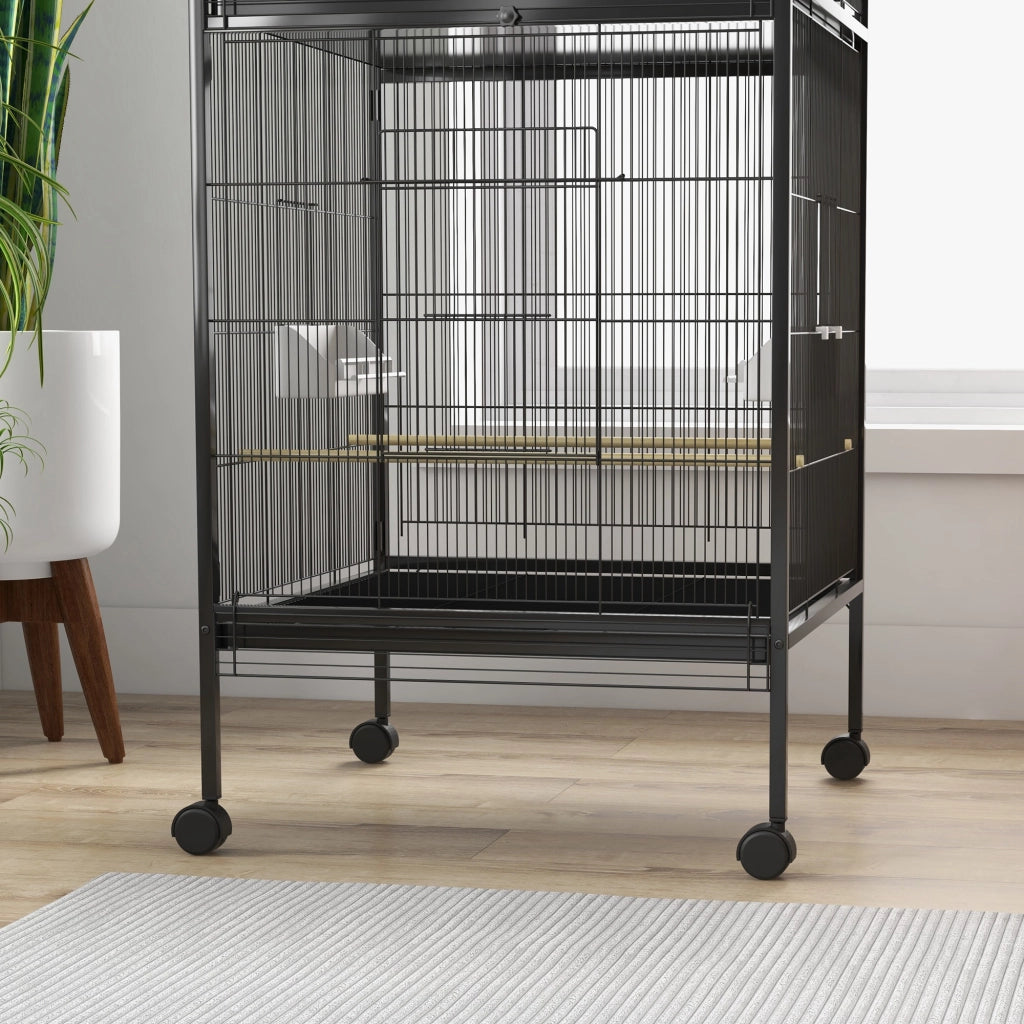 Voliera Gabbia per Uccelli 71,8x71,8x170,2 cm con Vassoi Estraibili in Plastica e Posatoi in Metallo Nero