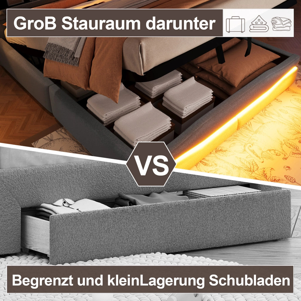 Letto Contenitore 160x200 cm con vano idraulico; USB; Type-C e LED; in Lino Grigio