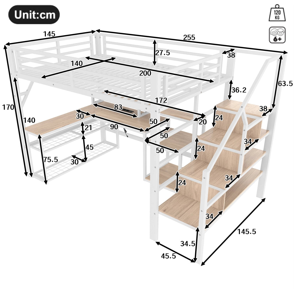 OKWISH Letto a soppalco 140×200 cm, Letto Matrimoniale con LED Regolabile, USB, Scrivania e Mensole, senza Materasso, in Metallo, Bianco