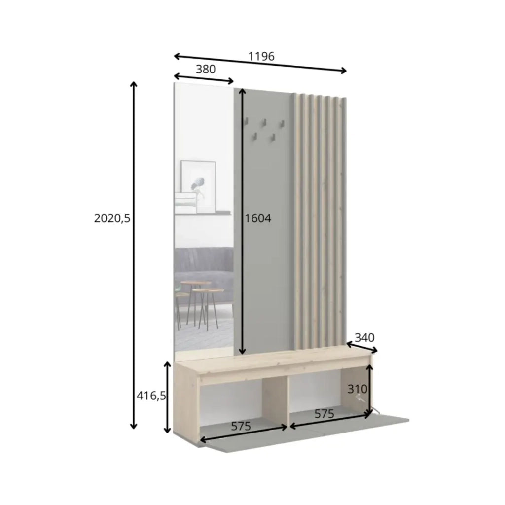 Mobile da ingresso Mone 120 cm con appendiabiti, specchio e vani contenitore – Rovere chiaro e beige cachemire
