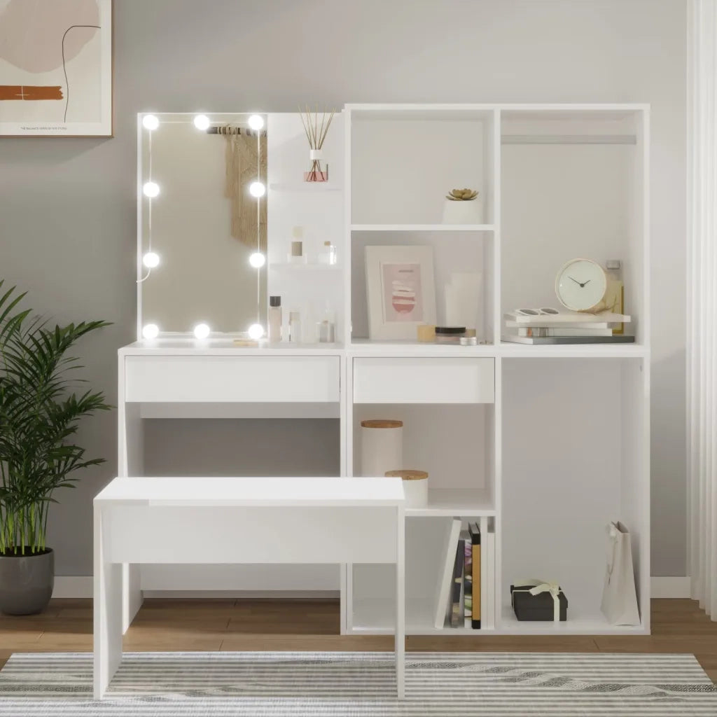Set Tavolo da Toeletta | Tavolo da Trucco Bianco con LED in Legno Multistrato